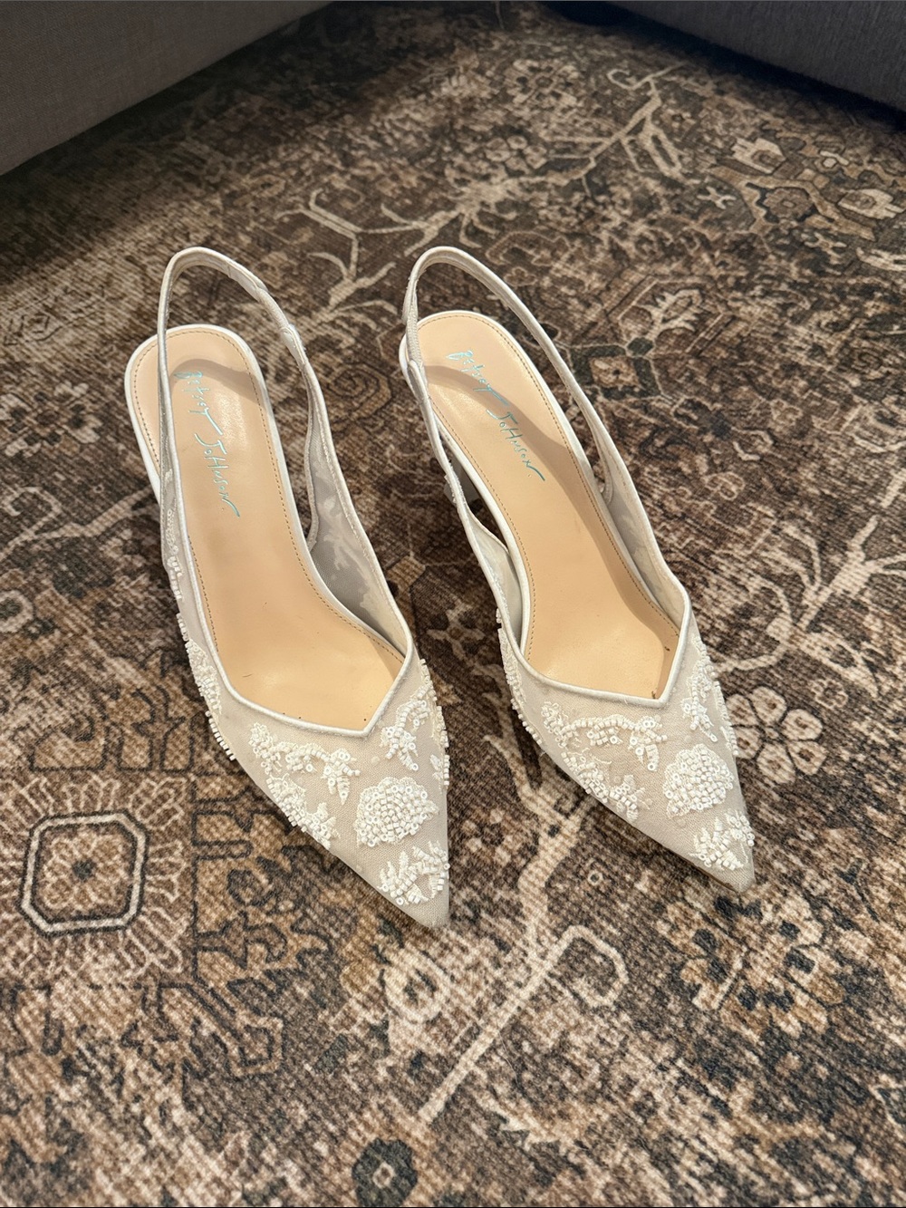 Betsey Johnson Ivory Beaded Pointed-Toe Slingback Heels